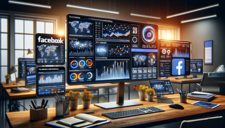 Modern digital marketing workspace with screens displaying Facebook advertising strategies, including analytics and campaign graphs, highlighting a professional and data-driven approach to social media marketing.