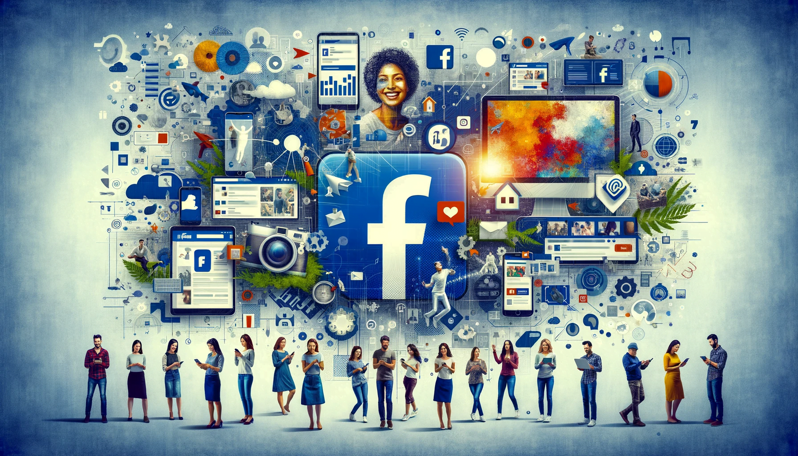 Diverse audience engaging with Facebook on various devices and a creative Facebook ad, symbolizing Facebook's wide reach and innovative advertising in digital marketing.