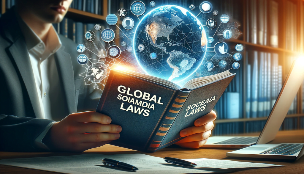 Person reading 'Global Social Media Laws' book for awareness.