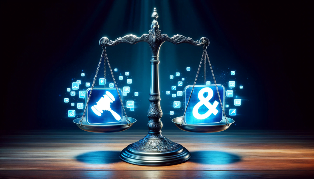 Digital scale balancing law and social media symbols.