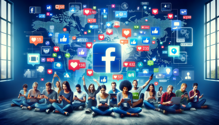 Facebook Community Management : Diverse individuals engaging in Facebook communities, symbolized by digital interaction icons, emphasizing worldwide connectivity and active online participation.