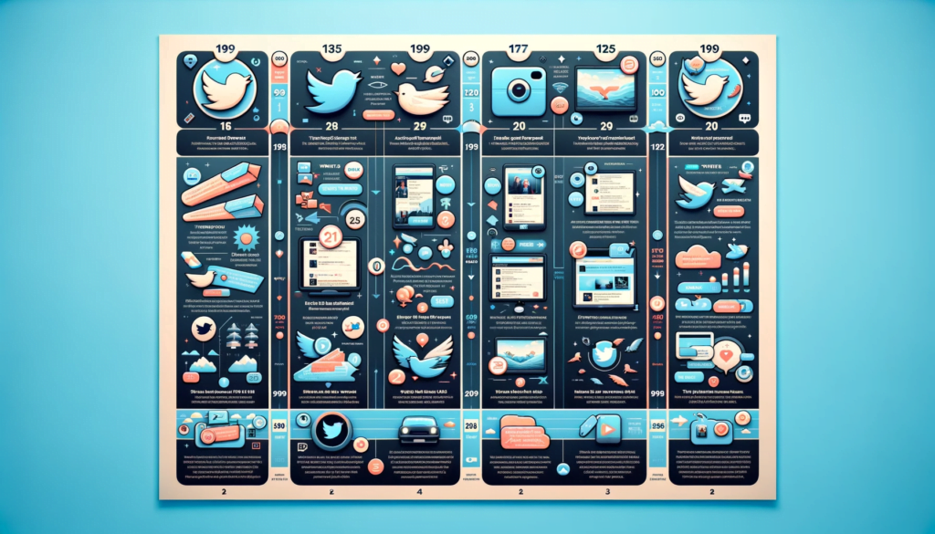 Infographic of Twitter's UI design milestones, including hashtag introduction, media-rich layout shift, 'Moments' feature, and latest redesign."Title: "Twitter's Design Evolution: Milestones and Innovations