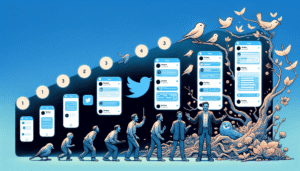 Les étapes progressives de l'évolution de l'interface utilisateur de Twitter, avec une conception simple au début, des améliorations intermédiaires, des éléments modernes et la présentation avancée actuelle.