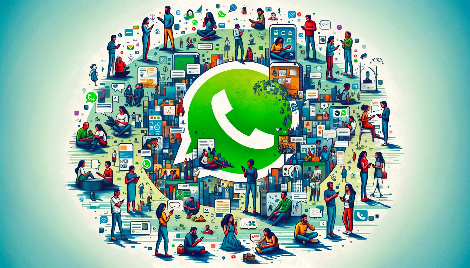 Artistic depiction of diverse societal groups engaged with WhatsApp, illustrating its profound influence on personal and professional relationships.