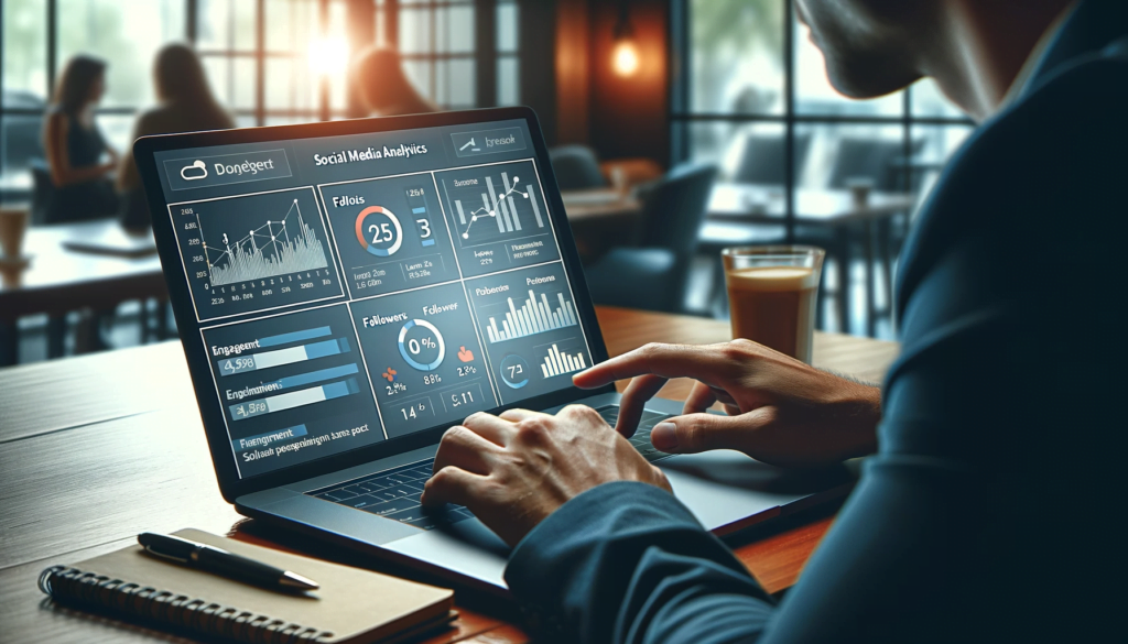 Focused professional analyzing social media analytics on a laptop, displaying graphs and statistics for engagement rates and follower growth.