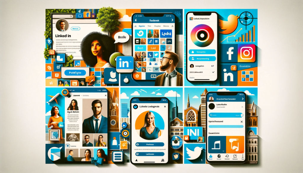 Collage of optimized social media profiles including Facebook, Instagram, LinkedIn, and Twitter, featuring profile pictures, bios, and diverse posts.