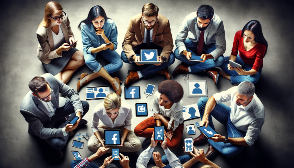 Diverse group of people engaged with social media on multiple devices, showcasing the universal appeal of online personal branding and networking.