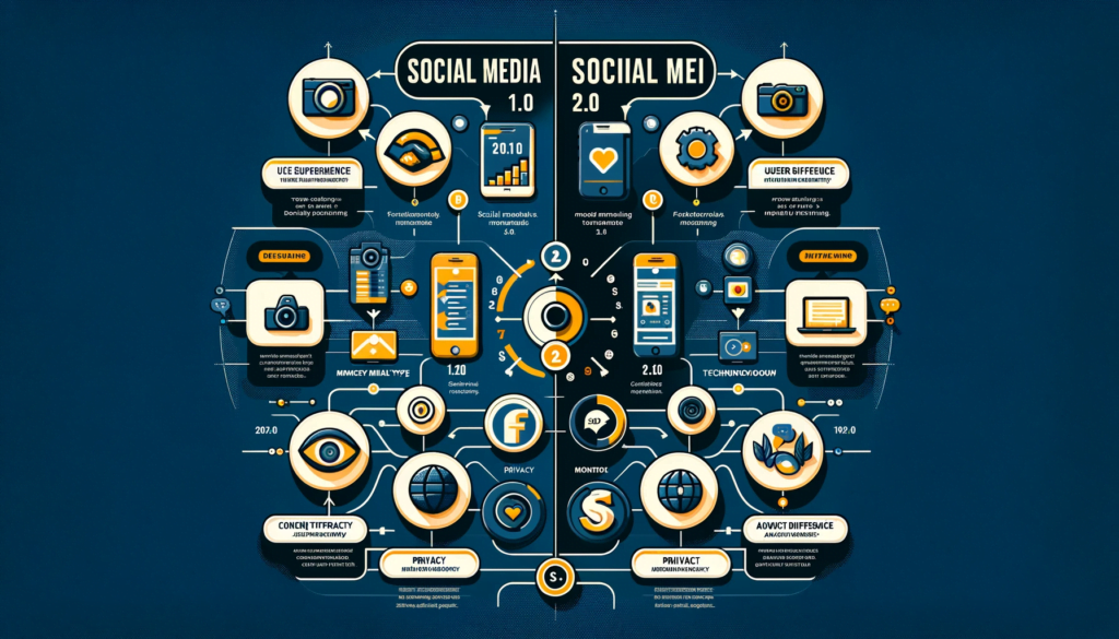 Infographic comparing Social Media 1.0 and 2.0 features, showcasing technological and experiential evolution.