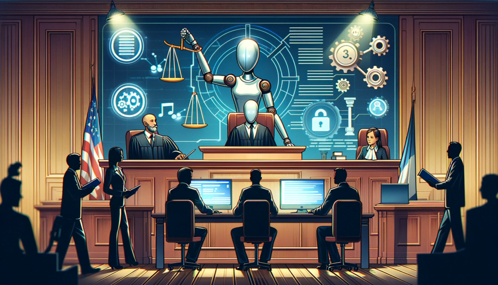 Courtroom scene representing the legal and ethical aspects of social media bot usage.