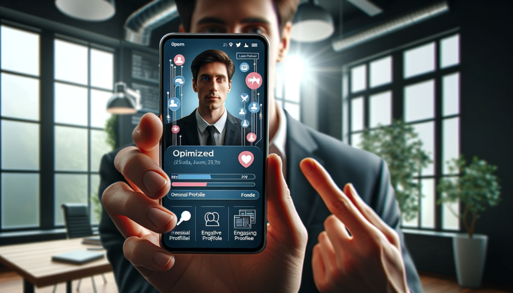 Professional person reviewing optimized social media profile on smartphone in an office setting, showcasing clear profile picture and engaging bio.