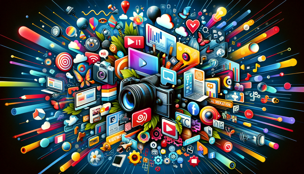 Creative showcase of diverse multimedia content types used in social media optimization.