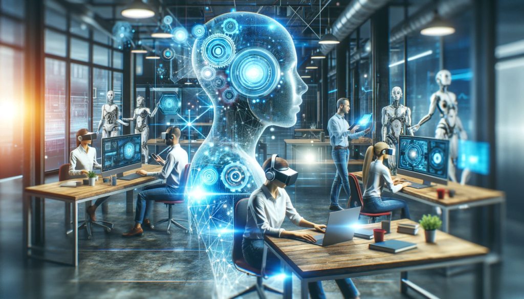 Futuristic workspace with AI and VR technology influenced by Social Media 2.0 trends.